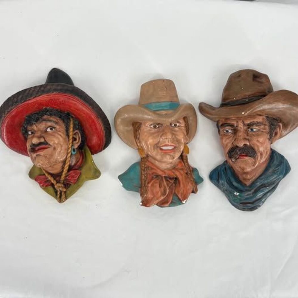 Vintage Chalkware Cowboy and Mexican Wall Decor - Set of 3